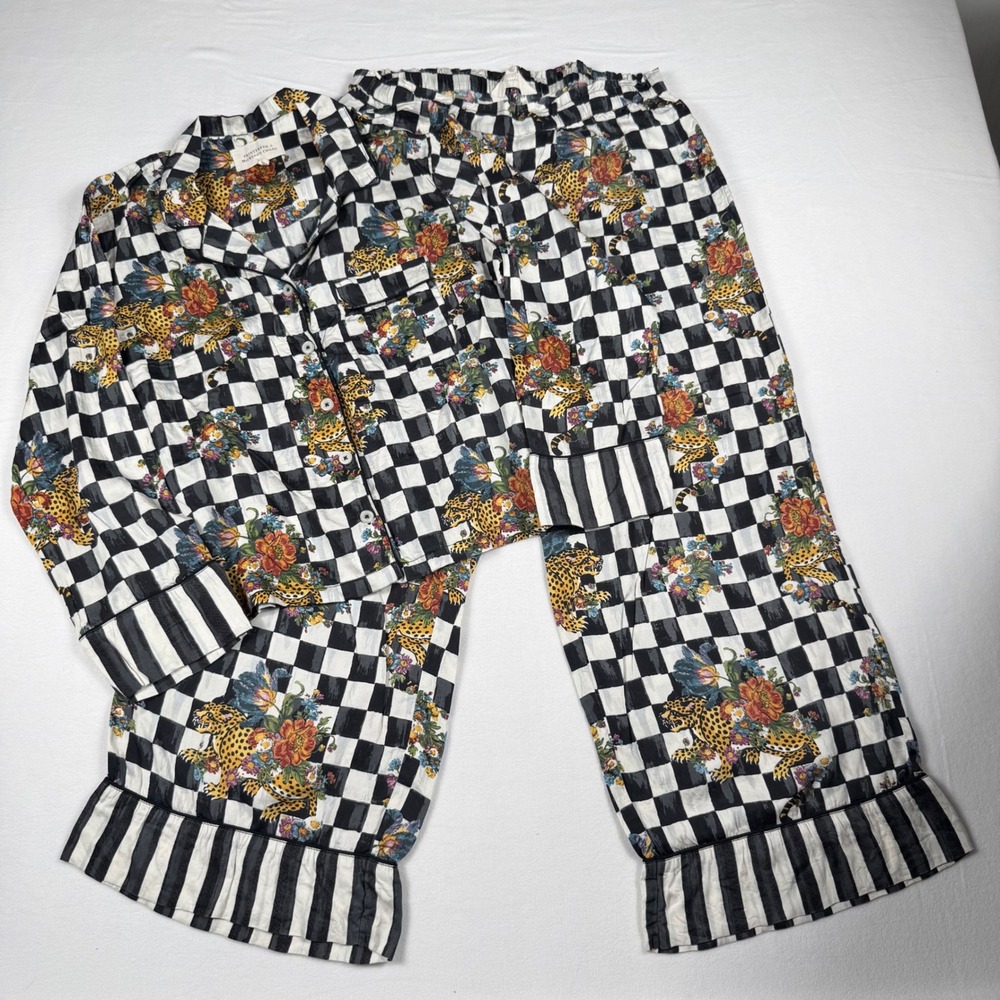 MacKenzie-Childs Black & White Check Floral Satin Pajama Set